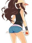  1girl ass bare_shoulders baseball_cap blue_eyes brown_hair denim denim_shorts hat looking_back poke_ball pokemon pokemon_(game) pokemon_bw ponytail shorts simple_background sleeveless solo tank_top touko_(pokemon) vest white_background wristband 