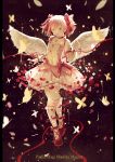  1girl angel_wings bow bubble_skirt butterfly copyright_name feathered_wings full_body gloves hair_bow highres iceblue kaname_madoka magical_girl mahou_shoujo_madoka_magica open_mouth petals pink_eyes pink_hair pink_ribbon ribbon skirt smile socks solo twintails white_gloves white_legwear wings 