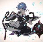  1girl anzai105 black_ribbon blue_eyes blue_hair breasts chains choker cleavage detached_sleeves dress full_body gradient gradient_background grey_background hair_over_one_eye hair_ribbon head_wings holding holding_weapon maid medium_breasts parted_lips pink_ribbon re:zero_kara_hajimeru_isekai_seikatsu rem_(re:zero) ribbon short_hair sleeveless sleeveless_dress solo tears weapon white_legwear 