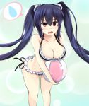  1girl ball bare_shoulders beachball bikini black_hair blush breasts choujigen_game_neptune cleavage hair_ornament large_breasts lens_flare long_hair looking_at_viewer mctom neptune_(series) noire open_mouth red_eyes ribbon scrunchie side-tie_bikini simple_background solo sweatdrop swimsuit twintails very_long_hair 