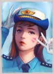  1girl alternate_costume artist_name bangs blue_background blue_shirt border brown_hair collared_shirt d.va_(overwatch) earrings eyeshadow face facepaint female_service_cap gloves hand_on_headwear highres jewelry lipgloss lips long_hair long_sleeves looking_at_viewer makeup necktie officer_d.va overwatch peter_xiao portrait shirt signature simple_background solo star stud_earrings swept_bangs upper_body v violet_eyes whisker_markings white_gloves 