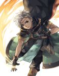  1boy anocurry artist_name boey_(fire_emblem) brown_eyes cape circlet dark_skin fire fire_emblem fire_emblem_echoes:_mou_hitori_no_eiyuuou gloves male_focus simple_background solo upper_body white_background white_hair 