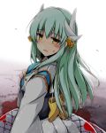  1girl blood blood_on_face blush eyebrows_visible_through_hair fate/grand_order fate_(series) from_behind green_hair hair_between_eyes hair_ornament japanese_clothes kiki_(koikuchikinako) kimono kiyohime_(fate/grand_order) long_hair looking_at_viewer looking_back obi open_mouth sash simple_background solo white_background white_kimono yellow_eyes 