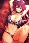  1girl ahoge armpits arms_up bikini blush breasts character_request cleavage facial_mark hakoniwa_tsuka large_breasts long_hair looking_at_viewer navel o-ring_bottom partially_submerged purple_bikini purple_hair smile solo swimsuit violet_eyes water 