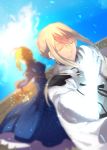  1boy 1girl ahoge bedivere blonde_hair blue_dress blurry cape closed_eyes depth_of_field dress dutch_angle excalibur eye_beam fate/stay_night fate_(series) highres holding holding_sword holding_weapon kuriiro_benishi long_hair saber short_hair_with_long_locks side_ponytail sidelocks sky smile standing sword weapon 