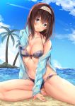  1girl aircraft airplane bikini bikini_under_clothes blue_eyes blue_shirt blush breasts brown_hair clouds collarbone commentary_request day eyebrows_visible_through_hair front-tie_bikini front-tie_top hairband head_tilt idolmaster idolmaster_cinderella_girls large_breasts long_hair long_sleeves looking_at_viewer off_shoulder on_ground outdoors palm_tree sagisawa_fumika shirt sitting sky smile solo suzuame_yatsumi swimsuit tree water 