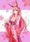  1girl alternate_costume animal_ears benghuai_xueyuan blue_eyes breasts floral_print flower full_body hair_between_eyes hair_ornament highres japanese_clothes kimono large_breasts long_hair obi petals pink_hair pink_kimono rabbit_ears sash solo very_long_hair xiao_long_o yaezakura_(benghuai_xueyuan) yukata 