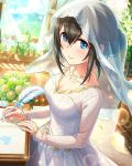  1girl artist_request black_hair blue_eyes bridal_veil card_(medium) character_name clouds diamond_(symbol) dress earrings flower green_rose hair_bun idolmaster idolmaster_cinderella_girls jewelry necklace official_art petals rose sagisawa_fumika sparkle veil wedding_dress white_dress white_rose 