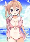  bikini blush breasts brown_hair clouds collarbone cowboy_shot day front-tie_top gochuumon_wa_usagi_desu_ka? hoto_cocoa jacket kurou_(quadruple_zero) large_breasts long_hair looking_at_viewer midriff navel ocean open_clothes open_jacket open_mouth outdoors side_ponytail sketch sky smile stomach swimsuit thigh_gap violet_eyes 