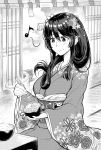  1girl black_hair blush bowl breasts chopsticks closed_mouth commentary flower food greyscale hair_flower hair_ornament japanese_clothes kimono large_breasts long_hair long_sleeves mito_(oshiro_project) monochrome musical_note nattou obi oshiro_project oshiro_project_re rice sash sitting smile solo tomoyohi wide_sleeves 