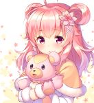  1girl ahoge curcuma_(flower_knight_girl) double_bun flower flower_knight_girl gloves hair_flower hair_ornament long_hair looking_at_viewer pink_eyes pink_gloves pink_hair shawl shouni_(sato3) solo stuffed_animal stuffed_toy teddy_bear upper_body white_background x_hair_ornament 