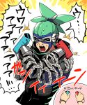  1boy arms_(game) chains closed_eyes crossed_arms domino_mask glasses green_hair joy-con male_focus mask ninjara_(arms) nintendo_switch open_mouth ponytail short_hair solo sunoko24 sweat 