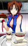  00s 1girl breasts china_dress chinese_clothes cleavage cleavage_cutout dress eclair_(kiddy_grade) holding holding_tray kiddy_grade medium_breasts screencap solo tea tray 