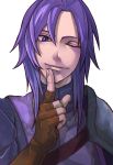  1boy fingerless_gloves fire_emblem fire_emblem_echoes:_mou_hitori_no_eiyuuou gloves leo_(fire_emblem) long_hair male_focus one_eye_closed portrait purple_hair simple_background solo tamaro_pompom violet_eyes white_background 