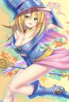  1girl bare_shoulders biibii blonde_hair blue_boots blush blush_stickers boots breasts choker cleavage dark_magician_girl duel_monster green_eyes hat highres large_breasts long_hair open_mouth pentacle smile solo staff wizard_hat yu-gi-oh! yuu-gi-ou_duel_monsters 