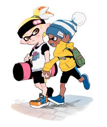  2boys adjusting_clothes adjusting_hat bag beanie blonde_hair blue_hair blue_tongue blush brown_eyes couple dark_skin dark_skinned_male domino_mask duffel_bag full_body grey_eyes hakinikui_kutsu_no_mise hand_holding hat headband hood hoodie inkling jersey looking_at_another mask multiple_boys pom_pom_(clothes) shoes simple_background sneakers splatoon sweatband walking yaoi 