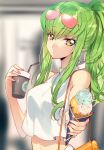  1girl bare_shoulders breasts c.c. code_geass coffee_cup creayus food food_on_face green_hair ice_cream ice_cream_cone long_hair looking_at_viewer medium_breasts ponytail sleeveless solo sunglasses sunglasses_on_head upper_body yellow_eyes 