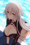  10eki_(tenchou) 1girl ahoge bikini black_bikini black_choker black_gloves black_jacket choker commentary_request cropped_jacket fate/grand_order fate_(series) from_above gloves highres jacket jeanne_d&#039;arc_(alter_swimsuit_berserker) jeanne_d&#039;arc_(fate)_(all) leaning_forward long_hair looking_at_viewer o-ring o-ring_bikini o-ring_bottom o-ring_top pool poolside shrug_(clothing) silver_hair solo swimsuit very_long_hair wading water yellow_eyes 