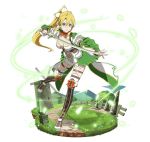  1girl blonde_hair boots breasts brown_boots cleavage full_body green_eyes hair_between_eyes hair_ornament high_ponytail holding holding_sword holding_weapon katana knee_boots leafa leafa_(sao:im) long_hair looking_at_viewer medium_breasts midriff navel one_leg_raised parted_lips pointy_ears sidelocks simple_background solo stomach sword sword_art_online thigh-highs thigh_strap very_long_hair weapon white_background white_legwear 