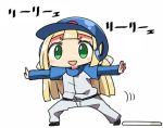  1girl baseball_helmet blonde_hair chibi green_eyes helmet kanikama lillie_(pokemon) long_hair long_sleeves lowres open_mouth outstretched_arms pants pokemon pokemon_(anime) pokemon_sm_(anime) simple_background solo spread_arms white_background white_pants 