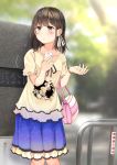  1girl bag bangs blue_skirt blurry blurry_background blush breasts brown_hair cellphone closed_mouth collarbone commentary_request day eyebrows_visible_through_hair flying_sweatdrops hair_ribbon handbag holding holding_bag holding_phone knees_together_feet_apart long_hair looking_away motion_lines niichi_(komorebi-palette) original outdoors park phone ribbon school_uniform shirt short_sleeves skirt small_breasts smartphone solo space_print standing starry_sky_print translation_request waiting watch watch yellow_eyes yellow_shirt 