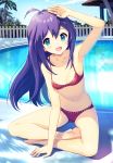  1girl :d ahoge aqua_eyes arm_up armpits bikini blush breasts cleavage fence idolmaster idolmaster_million_live! joey_koguma legs_crossed long_hair looking_at_viewer mochizuki_anna navel open_mouth pool purple_hair sitting small_breasts smile solo swimsuit 