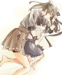  2girls brown_hair camouflage closed_eyes green_hair grey_hair hair_between_eyes hair_ribbon hakama_skirt hip_vent holding_ribbon japanese_clothes kaga_(kantai_collection) kantai_collection kimono long_hair lying multiple_girls on_side panties remodel_(kantai_collection) ribbon side-tie_panties side_ponytail simple_background sleeping sora_(sky_s04) underwear white_ribbon younger zuikaku_(kantai_collection) 