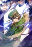  1boy brown_eyes brown_hair card_captor_sakura earrings from_side green_hat hair_between_eyes hat holding holding_sword holding_weapon jewelry li_xiaolang long_hair looking_at_viewer short_hair signature solo sukja sword weapon 