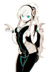  1girl bodysuit breasts cleavage hair_ornament headphones ken_(koala) long_hair looking_at_viewer medium_breasts neon_trim open_mouth original ponytail simple_background skin_tight smile solo white_background wristband 