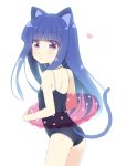  1girl :&lt; animal_ears ass bangs bare_shoulders blue_hair blunt_bangs blush cat_ears cat_tail competition_school_swimsuit from_behind furude_rika gaou heart higurashi_no_naku_koro_ni innertube long_hair looking_at_viewer school_swimsuit solo swimsuit tail violet_eyes white_background 