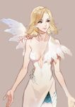  1girl alternate_costume arms_at_sides artist_name asymmetrical_clothes bangs bare_arms bare_shoulders blonde_hair breasts cleavage collarbone cowboy_shot dated dress evening_gown lace lips looking_away looking_to_the_side mechanical_wings medium_breasts mercy_(overwatch) overwatch pink_lips psd short_hair signature single_strap single_wing sleeveless sleeveless_dress smile solo standing swept_bangs white_dress wings 