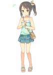  1girl bangs blush brown_hair camisole closed_mouth eyebrows_visible_through_hair full_body green_eyes highres kame^^ original pouch side_ponytail sidelocks simple_background skirt slippers smile solo standing striped striped_camisole white_background wristband 
