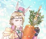  1boy alternate_costume animal_ears artist_name blonde_hair capelet carrot cheryi circlet clouds day fire_emblem fire_emblem_heroes fire_emblem_if flower gloves hat leaf male_focus marks_(fire_emblem_if) portrait rabbit_ears red_eyes sky solo 