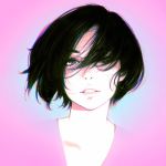  1girl black_hair ilya_kuvshinov looking_at_viewer messy_hair original parted_lips pink_background short_hair simple_background solo upper_body 