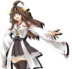  1girl ;d ahoge breasts brown_hair commentary_request detached_sleeves double_bun eyebrows_visible_through_hair grey_eyes hand_on_hip headgear highres huge_ahoge japanese_clothes kantai_collection kongou_(kantai_collection) long_hair long_sleeves looking_at_viewer medium_breasts nontraditional_miko one_eye_closed open_mouth outstretched_arm rappa_(rappaya) shadow sidelocks skirt smile solo thigh-highs white_background wide_sleeves 