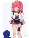  1girl bangs blue_eyes blue_nails blush breasts choker cosplay female_protagonist_(pokemon_go) female_protagonist_(pokemon_go)_(cosplay) fingerless_gloves gloves highres jacket large_breasts leaning_forward long_hair nail_polish original pink_hair piplup poke_ball pokemon pokemon_go shorts smile solo twintails uni_(melm) 