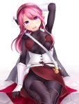  1girl armor bracer breastplate breasts cape commentary_request dagger gloves hand_in_hair highres hilt leg_armor legs_crossed long_hair long_sleeves looking_at_viewer medium_breasts neit_ni_sei open_mouth original pink_eyes pink_hair pointy_ears sitting smile solo teeth weapon white_background 