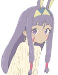  1girl :3 absurdres alternate_costume animal_ears dark_skin donguri_suzume earrings facial_mark fate/grand_order fate_(series) hairband highres hoop_earrings jewelry long_hair looking_at_viewer nitocris_(fate/grand_order) purple_hair rabbit_ears solo very_long_hair violet_eyes 