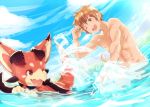  1boy @@@ blue_sky brown_eyes brown_hair dragon dutch_angle gran_(granblue_fantasy) granblue_fantasy male_focus one_eye_closed partially_submerged shirtless sky smile splashing vee_(granblue_fantasy) wading wet 