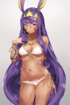  1girl alternate_costume animal_ears bikini blush bracelet breasts cleavage cowboy_shot dark_skin earrings egyptian embarrassed eyebrows_visible_through_hair facial_mark fake_animal_ears fate/grand_order fate_(series) groin halter_top halterneck highres jewelry long_hair looking_at_viewer medium_breasts navel nitocris_(fate/grand_order) purple_hair solo sweat swimsuit thighs violet_eyes wavy_mouth white_bikini yakitomeito 