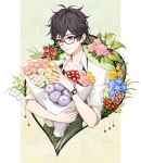  1boy black_hair flower glasses kurusu_akira male_focus persona persona_5 rose short_hair smile solo watch yue 