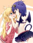  2girls aqua_eyes back bare_shoulders blonde_hair blue_eyes blue_hair blush demon_girl demon_horns demon_tail demon_wings finger_to_another&#039;s_mouth finger_to_mouth forehead-to-forehead frown gabriel_dropout hair_ornament hallelujah_essaim holding_face horns incipient_kiss incoming_kiss jacket long_hair messy_hair miniskirt multiple_girls open_mouth parted_lips profile sazanka short_hair skirt strapless tail tenma_gabriel_white track_jacket tsukinose_vignette_april tubetop wings x_hair_ornament yuri 