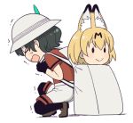  &gt;_&lt; 0_0 2girls animal_ears backpack bag black_gloves black_hair black_legwear brown_footwear brown_shoes bucket_hat closed_eyes closed_mouth dx extra_ears eyelashes facing_away from_side full_body gloves hair_between_eyes hat hat_feather heavy in_bag in_container kaban_(kemono_friends) kemono_friends loafers looking_away mattaku_mousuke md5_mismatch multiple_girls no_nose one_knee open_mouth orange_hair pantyhose profile red_shirt serval_(kemono_friends) serval_ears shadow shirt shoes short_hair short_sleeves shorts simple_background smile solid_oval_eyes sweat trembling wavy_mouth white_background 