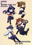 4girls akatsuki_(kantai_collection) anchor anchor_symbol black_legwear blue_eyes brown_hair comic cover cover_page covering_mouth doujin_cover fang fingers_together flat_cap folded_ponytail hair_between_eyes hair_ornament hair_over_one_eye hairclip hand_on_leg hand_over_own_mouth hat hibiki_(kantai_collection) highres hinoki_bayashi ikazuchi_(kantai_collection) inazuma_(kantai_collection) kantai_collection kneehighs legs_crossed loafers long_hair midriff_peek multiple_girls neckerchief one_eye_closed open_mouth pantyhose pleated_skirt purple_hair school_uniform serafuku shoes short_hair silver_hair skirt smile thigh-highs violet_eyes 