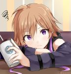  1girl arm_warmers black_shirt blush commentary_request cup drinking_cup head_rest holding holding_cup idolmaster idolmaster_cinderella_girls indoors looking_at_viewer multicolored_hair ninomiya_asuka orange_hair purple_hair shirt solo squiggle tarachine twitter_username two-tone_hair violet_eyes 