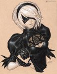  1girl artist_name black_dress black_gloves black_hairband blindfold breasts cleavage_cutout colored_pencil_(medium) covered_eyes cube dated dress gloves hairband highres juliet_sleeves long_sleeves looking_at_viewer michelle_hoefener mole mole_under_mouth multiple_monochrome nier_(series) nier_automata nose parted_lips patreon_logo puffy_sleeves realistic short_hair signature small_breasts smile solo tan_background traditional_media upper_body watermark web_address yorha_no._2_type_b 