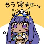  1girl bloodshot_eyes bracelet chan_co chibi cowboy_shot dark_skin earrings egyptian egyptian_clothes facial_mark fate/grand_order fate_(series) hairband jewelry long_hair looking_at_viewer medjed navel nintendo_switch nitocris_(fate/grand_order) purple_hair sidelocks simple_background translated very_long_hair violet_eyes 