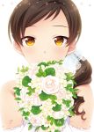  1girl bare_shoulders blush bouquet brown_eyes brown_hair cover cover_page doujin_cover elbow_gloves flower gloves hair_over_shoulder idolmaster idolmaster_million_live! kitazawa_shiho long_hair looking_at_viewer solo touon 