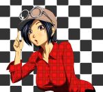  1girl black_hair breasts brown_hair cabbie_hat checkered checkered_background glasses glasses_on_head hair_over_one_eye hat large_breasts leaning_forward lips mahha_warabi may_lee nib_pen_(medium) parted_lips plaid plaid_shirt round_glasses shirt short_hair solo the_king_of_fighters traditional_media unmoving_pattern 