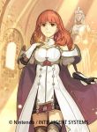  1girl arm_guards bangs bare_shoulders breasts cape celica_(fire_emblem) company_connection company_name copyright_name dress earrings elbow_gloves fingerless_gloves fire_emblem fire_emblem_cipher fire_emblem_echoes:_mou_hitori_no_eiyuuou gloves hidari_(left_side) indoors jewelry long_hair medium_breasts official_art red_eyes redhead short_sleeves solo statue thigh-highs zettai_ryouiki 